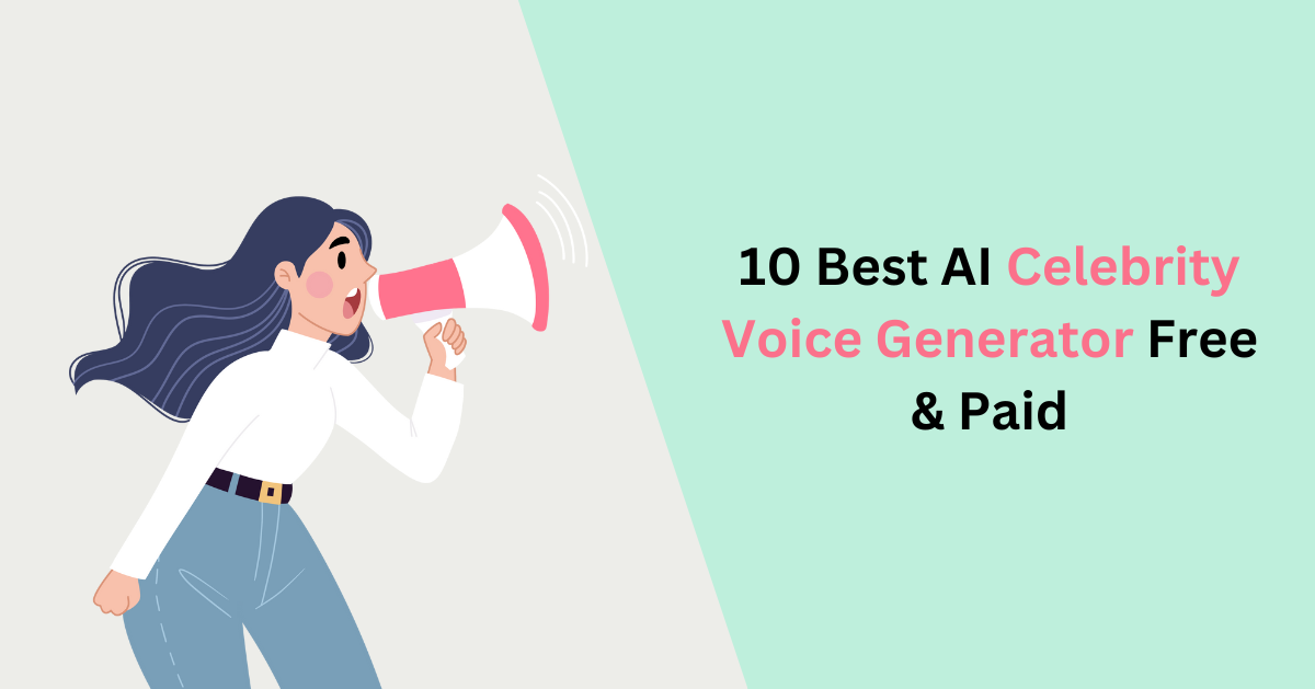 A sleek and futuristic graphic showcasing a microphone surrounded by digital waves and icons representing different celebrities, with text overlay highlighting '10 Best AI Celebrity Voice Generators: Free & Paid